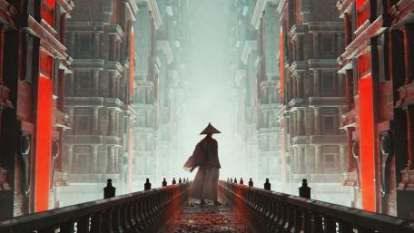 Samurai's Journey Through the Neon Realm wallpaper