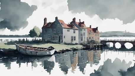 Enchanting Riverside Retreat in Fantasy Painting wallpaper