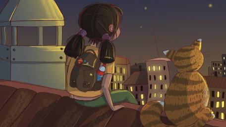 Little girl looking at the stars with cat wallpaper