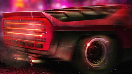 Dynamic Red Sports Car Wallpaper in Retrowave Style wallpaper