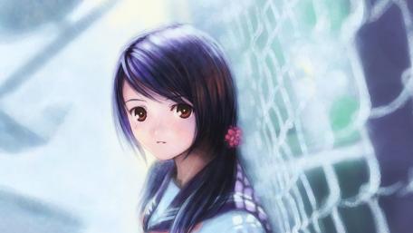 Anime Girl in School Uniform by a Fence wallpaper