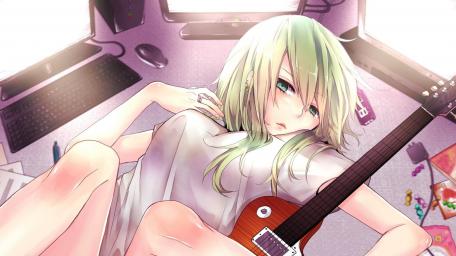 Blonde Anime Girl Playing Guitar wallpaper