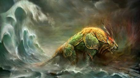 Majestic Fantasy Lion Amidst Mystical Waves wallpaper