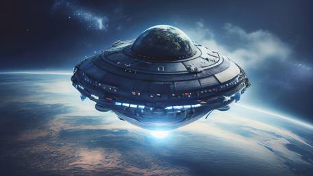Futuristic UFO Hovering Above Earth wallpaper