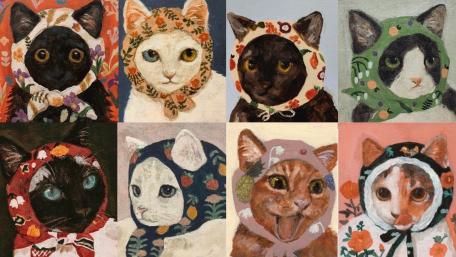 Whimsical Cats in Adorable Bonnets Collage Art wallpaper