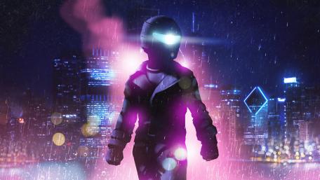 Neon Night Rider in a Synthwave Cityscape wallpaper
