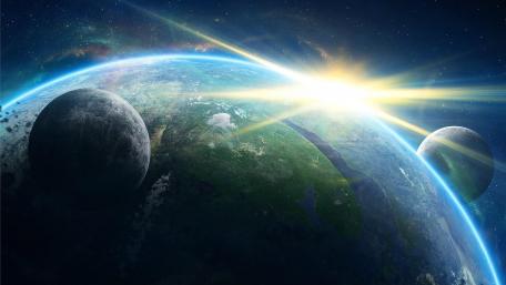 Celestial Harmony with Twin Moons Above Earthlike Exoplanet wallpaper