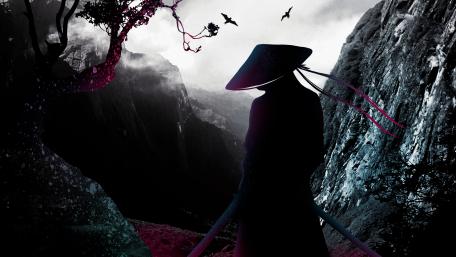 Samurai Silhouette in a Mystical Realm wallpaper