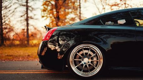 Sleek Black Car Trunk in Autumn Scene wallpaper