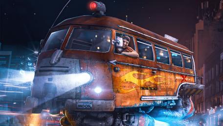 Flying Bus Adventure in a Sci-Fi Metropolis wallpaper