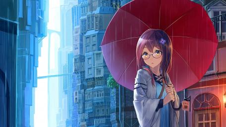 Kawaii Girl with Red Umbrella in the Rain wallpaper
