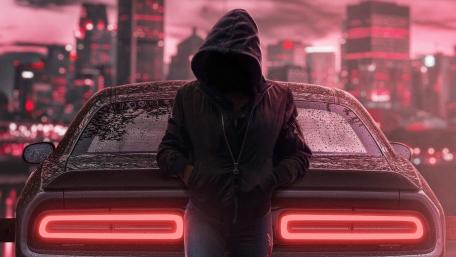 Mysterious Man and Dodge Challenger at Dusk wallpaper