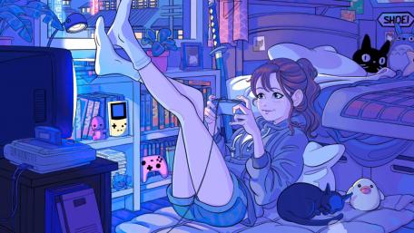 Lofi Gamer Girl in Blue-Hued Sanctuary wallpaper