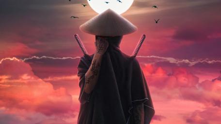 Samurai Silhouette Against a Crimson Sky wallpaper