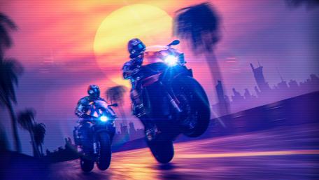 Neon Riders Under Sunset Skies wallpaper