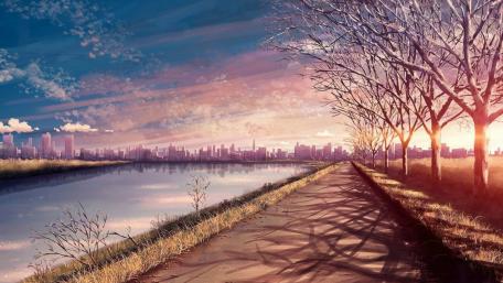 Serene Anime Sunset Over Riverbank Scene wallpaper