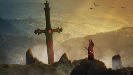 Epic Samurai with Giant Sword Against a Mystical Landscape wallpaper