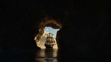 Pirate Ship Emerging from Cave wallpaper