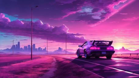 Neon Dusk Drive Through Retro City wallpaper