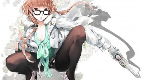 Dynamic Anime Girl with Gun and Glasses in Action Pose wallpaper