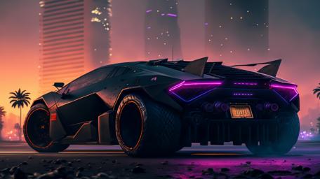 Neon Blaze Speedster Against Dusk Cityscape wallpaper