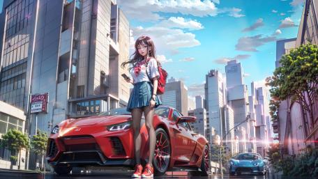 City Drive with Anime Schoolgirl wallpaper