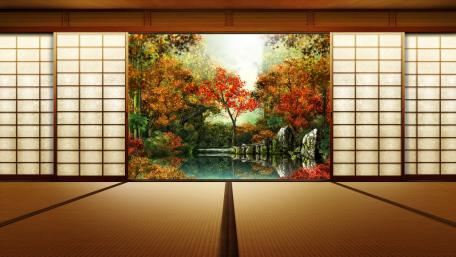 Serene Autumn Tea Room Scene wallpaper