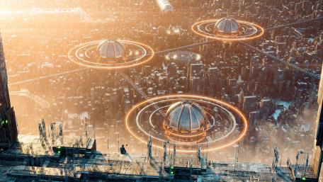 Futuristic Metropolis Glowing in a Distant Horizon wallpaper