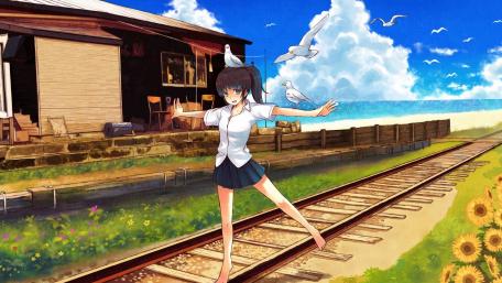 Sunny Day Stroll on Railway Tracks wallpaper