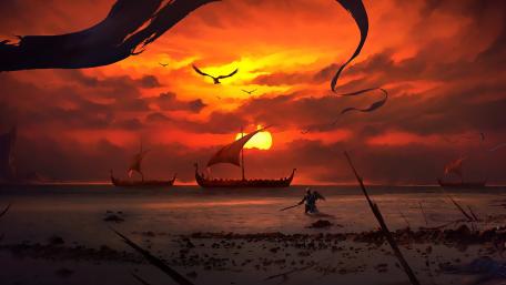 Epic Viking Adventure Under a Dazzling Sunset wallpaper