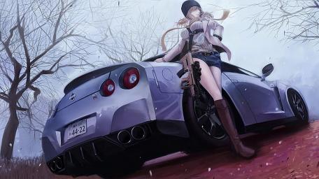 Nissan GT-R and Anime Girl Adventure wallpaper