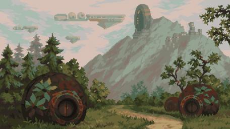 Futuristic Mountain Settlement in Pixel Art wallpaper