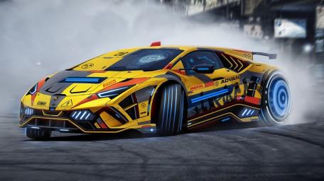 Yellow Lamborghini Drifting Through Neon City Streets wallpaper