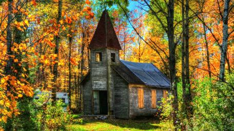 Abandoned Church Amidst Autumn Colors In Nature wallpaper