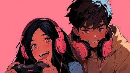 Gamer Duo in a World of Pink wallpaper