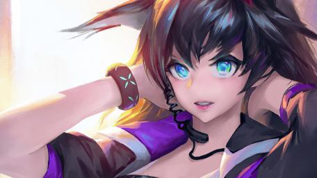 Dynamic Anime Girl with Black Hair and Blue Eyes wallpaper