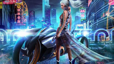 Futuristic Cyberpunk Cityscape with Motorbike Girl wallpaper
