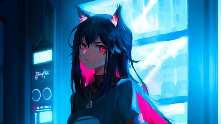 Mystic Neon Catgirl Gaze wallpaper