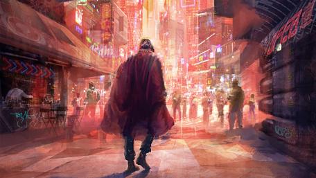 Futuristic Neon Cityscape Encountering Shadows of Destiny wallpaper