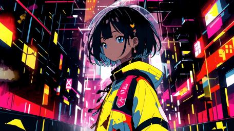 Neon City Dreamscape with Anime Girl wallpaper