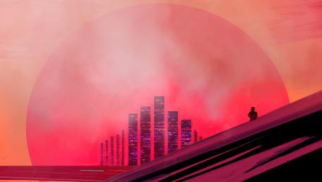 Vibrant Sunset Beyond Retro Cityscape wallpaper