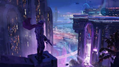 Neon Vigil in a Futuristic City wallpaper