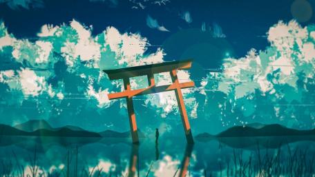 Anime Serenity at the Torii Gate Lake wallpaper