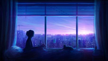 Dusk Contemplation with a Feline Friend wallpaper