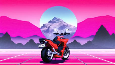 Vibrant Synthwave Motorcycle at Sunset View wallpaper