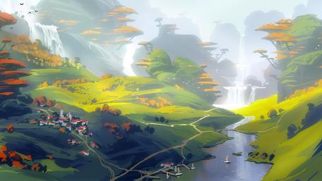 Autumnal Village by the Waterfall wallpaper
