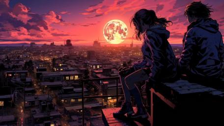 Two Friends Gazing at a Crimson Moon wallpaper