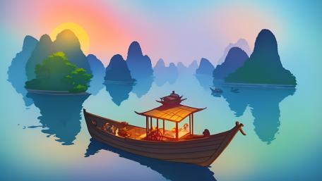 Serene Sunset Sail Through Mystic Peaks wallpaper