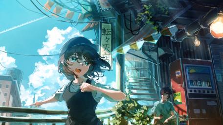 Bustling City Corner with Spirited Anime Girl wallpaper