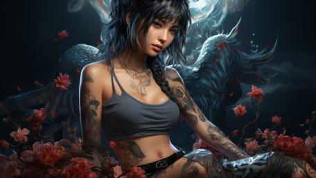 Mystical Inked Guardian of Blossoms wallpaper